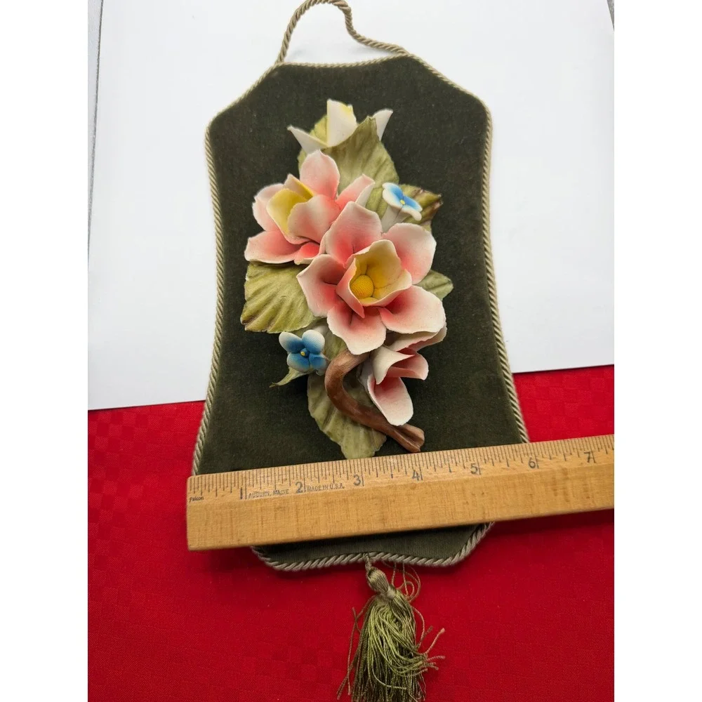 Vintage Capodimonte‎ Italy Porcelain Floral Wall Plaque Green Velvet Tassel 11in